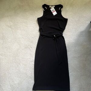 NWT Michael Kors Tank Dress Ribbed Knit Metal Ring Shoulder Belt Tie Black XS